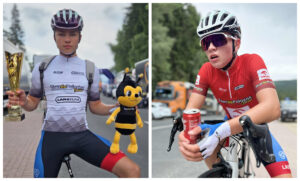 Kolaż z dwóch zdjęć młodego kolarza